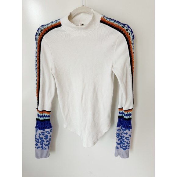 Free People Switch It Up Thermal Top Shirt Womens Crochet Cuff Mock Neck S - Picture 2 of 7